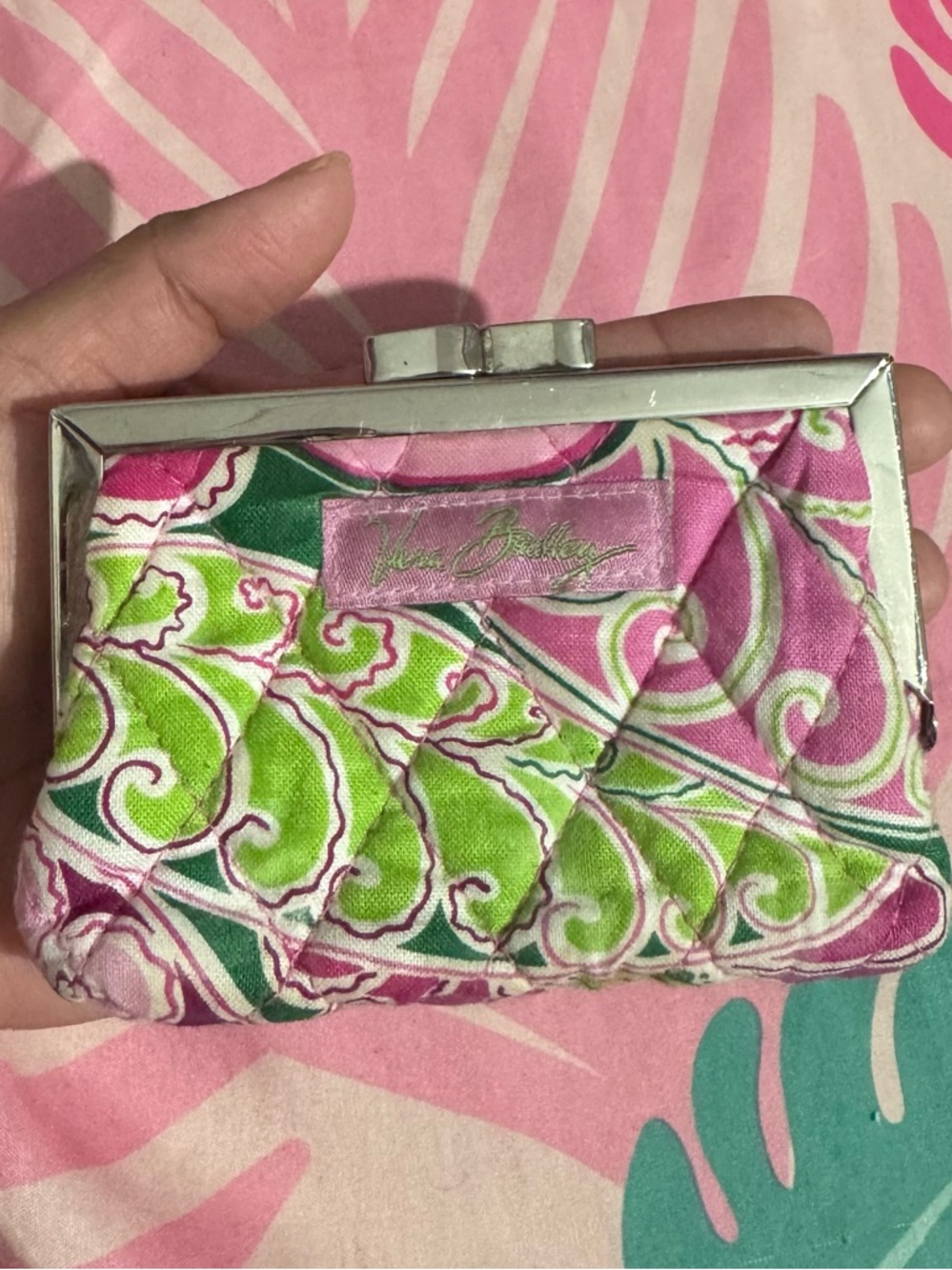 Vera Bradley Pink and Green Quilted Frame Coin Purse